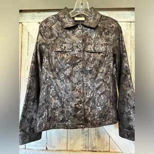 Chico's Women’s Designer Grey & Silver Snake Skin Print Button Up Jacket Size 0